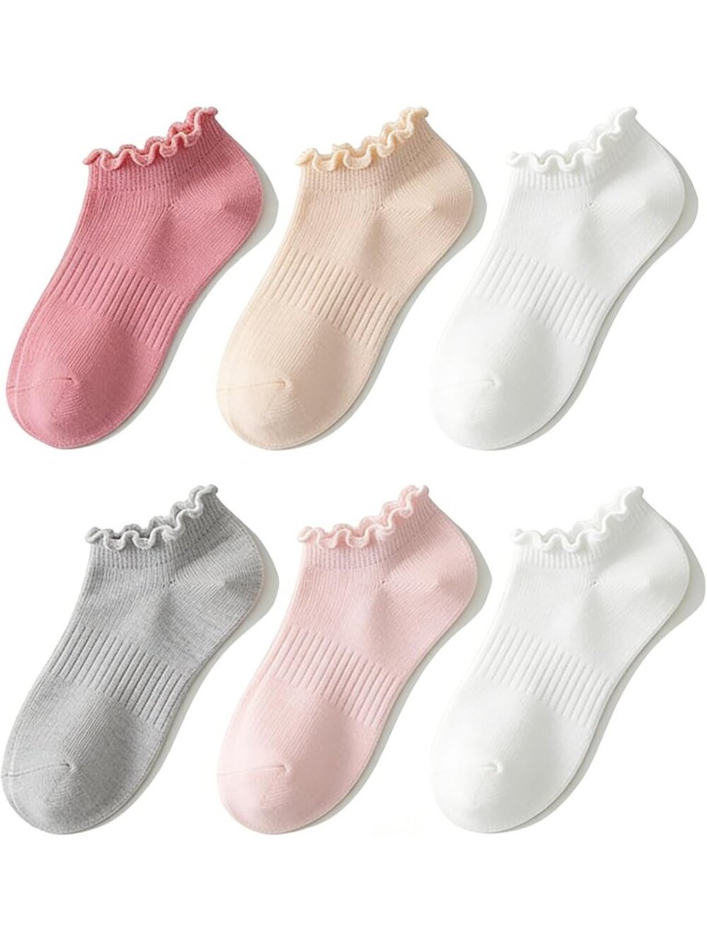 🧦Women's Pink White No Show Socks Low Cut Non Slip Ruffle Ankle Socks 6 Pairs